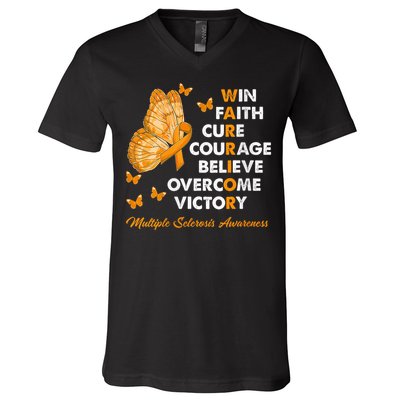 Warrior Win Faith Cure Ribbon Multiple Sclerosis Awareness V-Neck T-Shirt