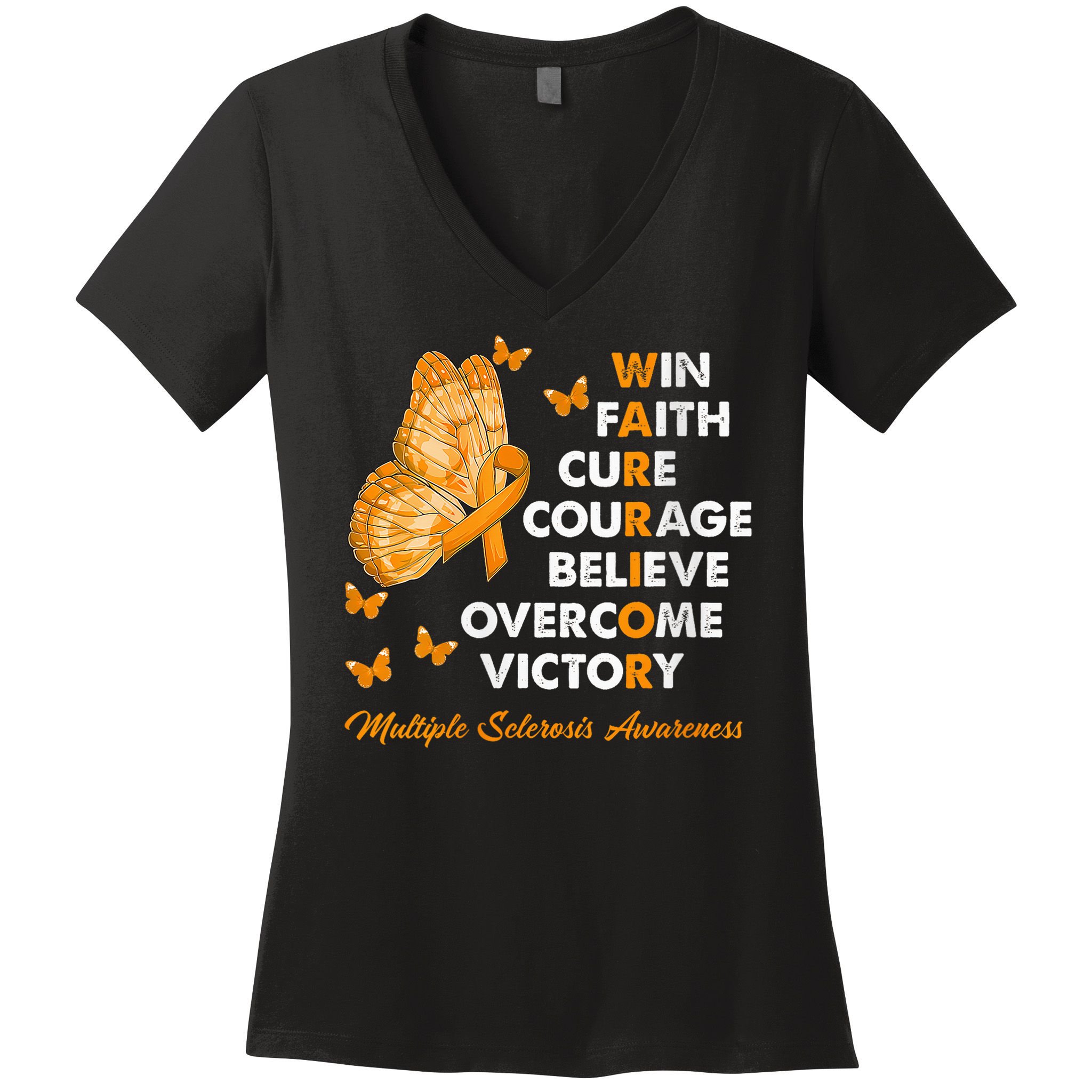 Warrior Win Faith Cure Ribbon Multiple Sclerosis Awareness Women's V-Neck T-Shirt