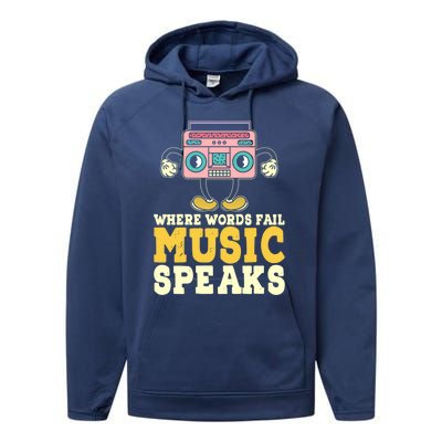 Where Words Fail Music Speaks Cute Gift Musical Music Notes Musician Gift Performance Fleece Hoodie