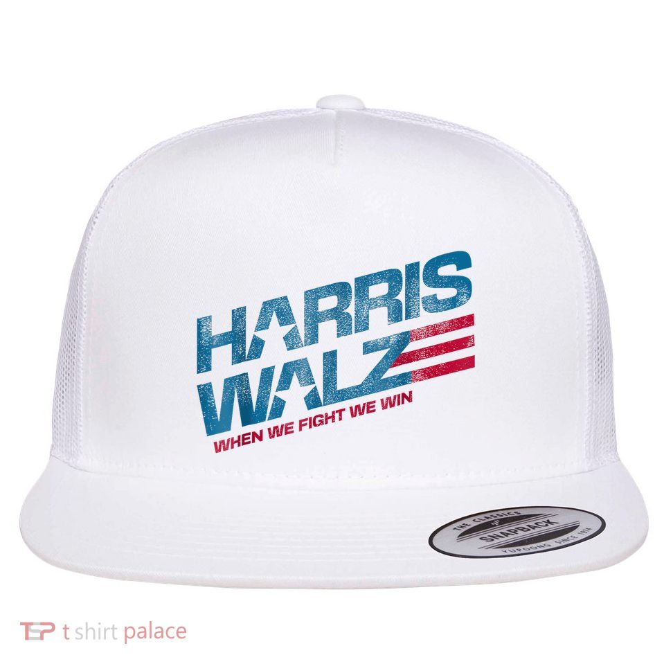 When We Fight We Win Kamala Harris Cat Lady Boho Flat Bill Trucker Hat