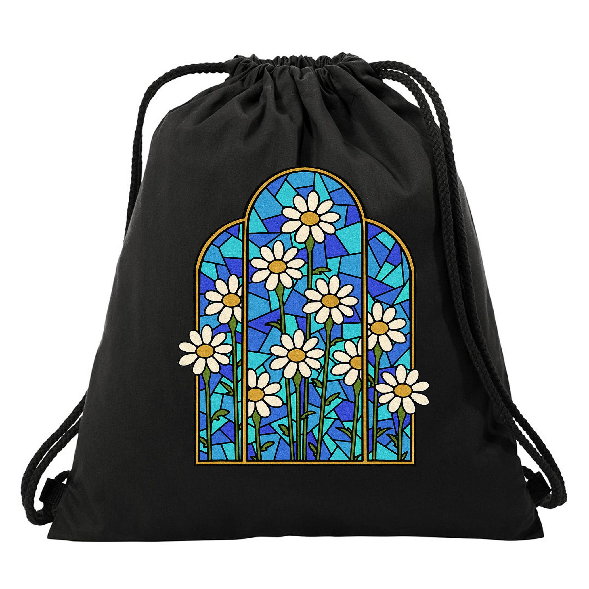 White Wildflower Flower Mosaic Church Window Drawstring Bag