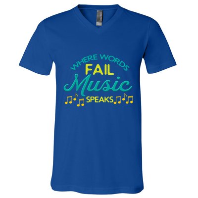 Where Words Fail Music Speaks Inspirational Music Teacher Gift V-Neck T-Shirt