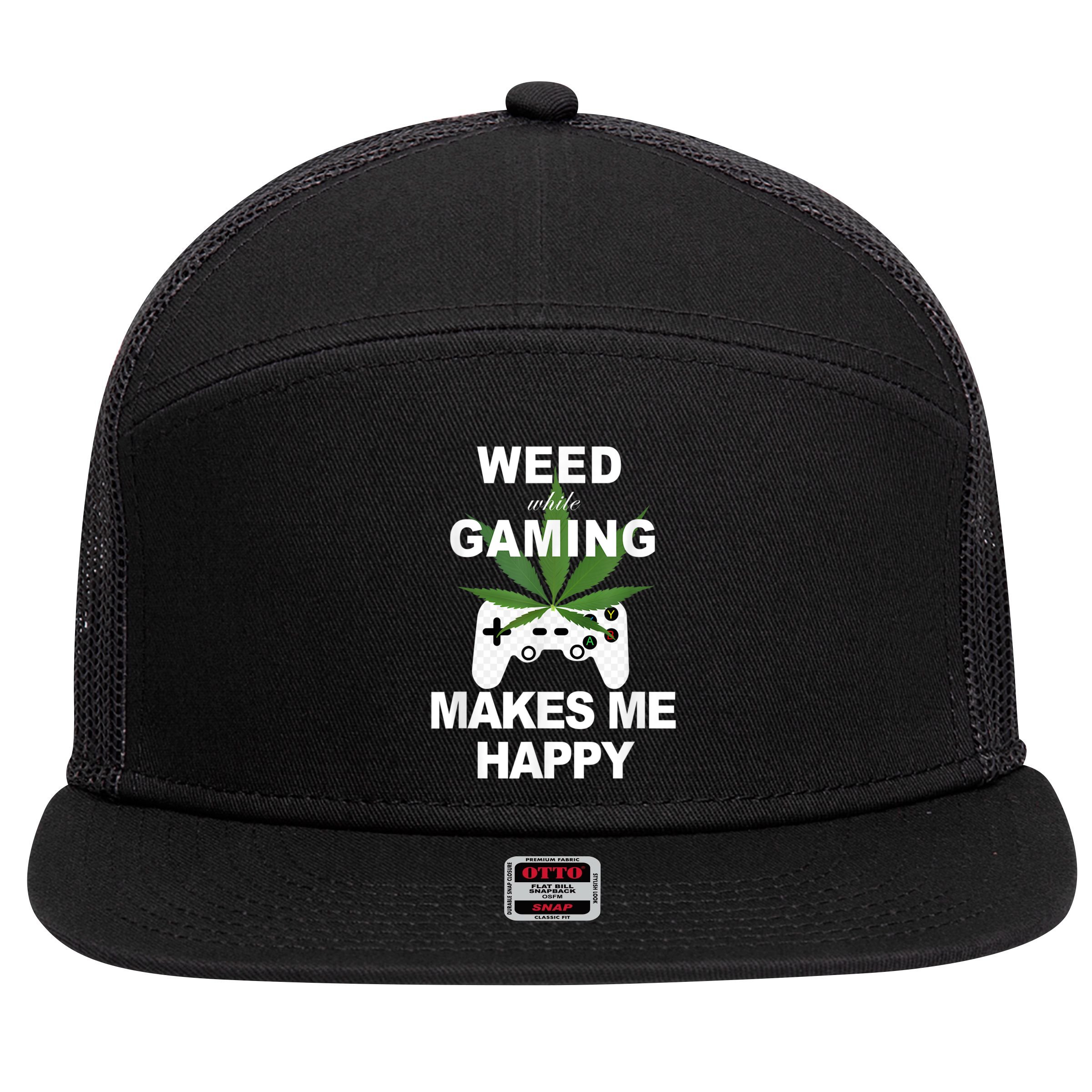Weed While Gaming Cool Weed Lover Gamer 7 Panel Mesh Trucker Snapback Hat
