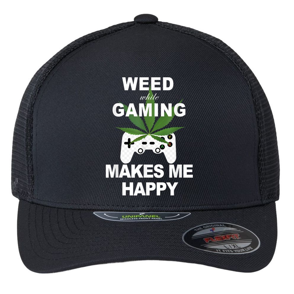 Weed While Gaming Cool Weed Lover Gamer Flexfit Unipanel Trucker Cap