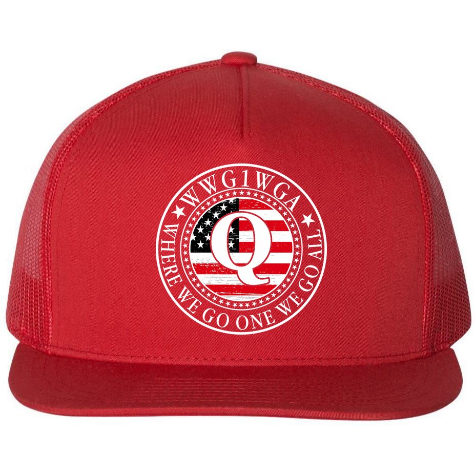 WWG1WGA Qanon Flag Emblem Flat Bill Trucker Hat
