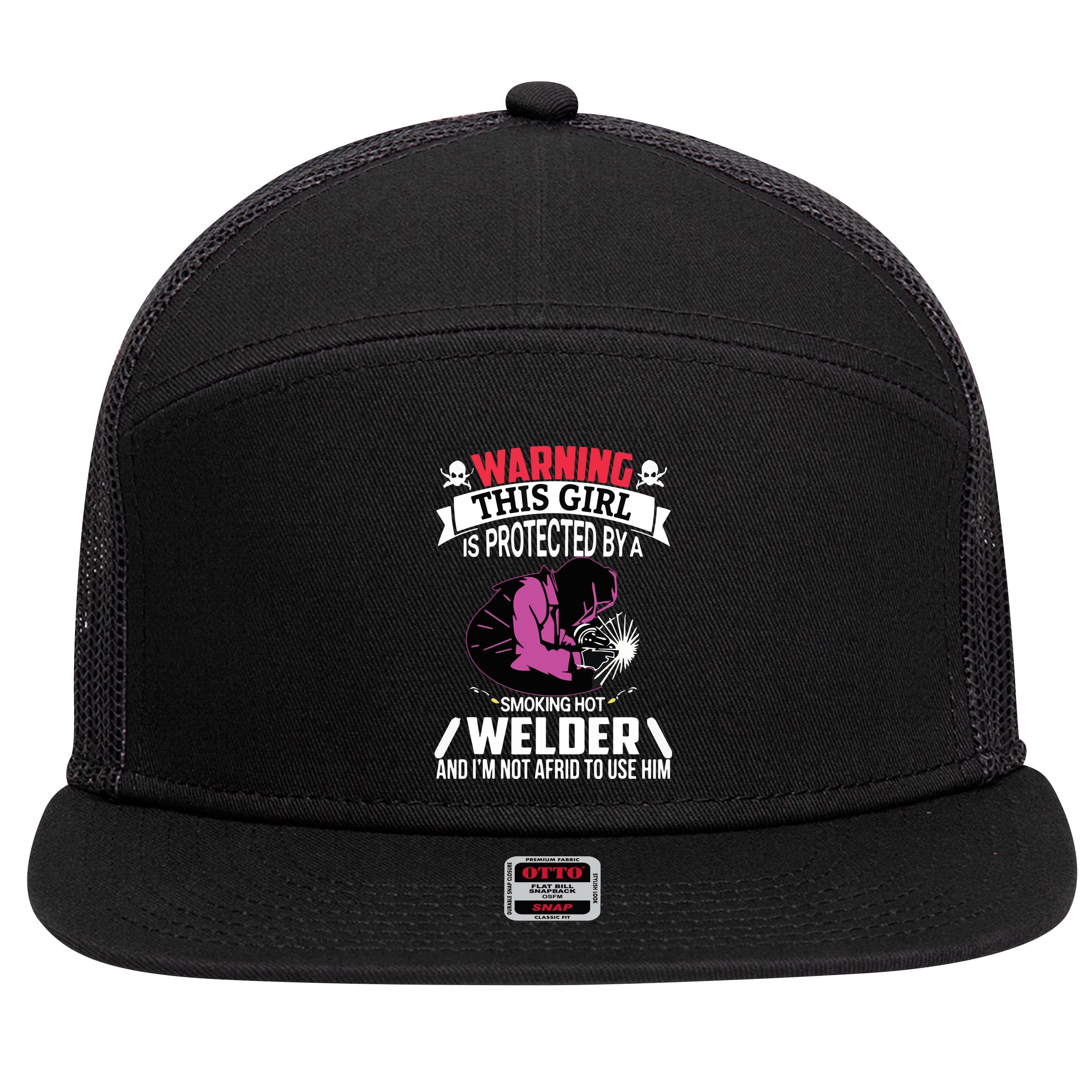 Welder Welding Girlfriend Warning This Girl Is Protected By Premium 7 Panel Mesh Trucker Snapback Hat