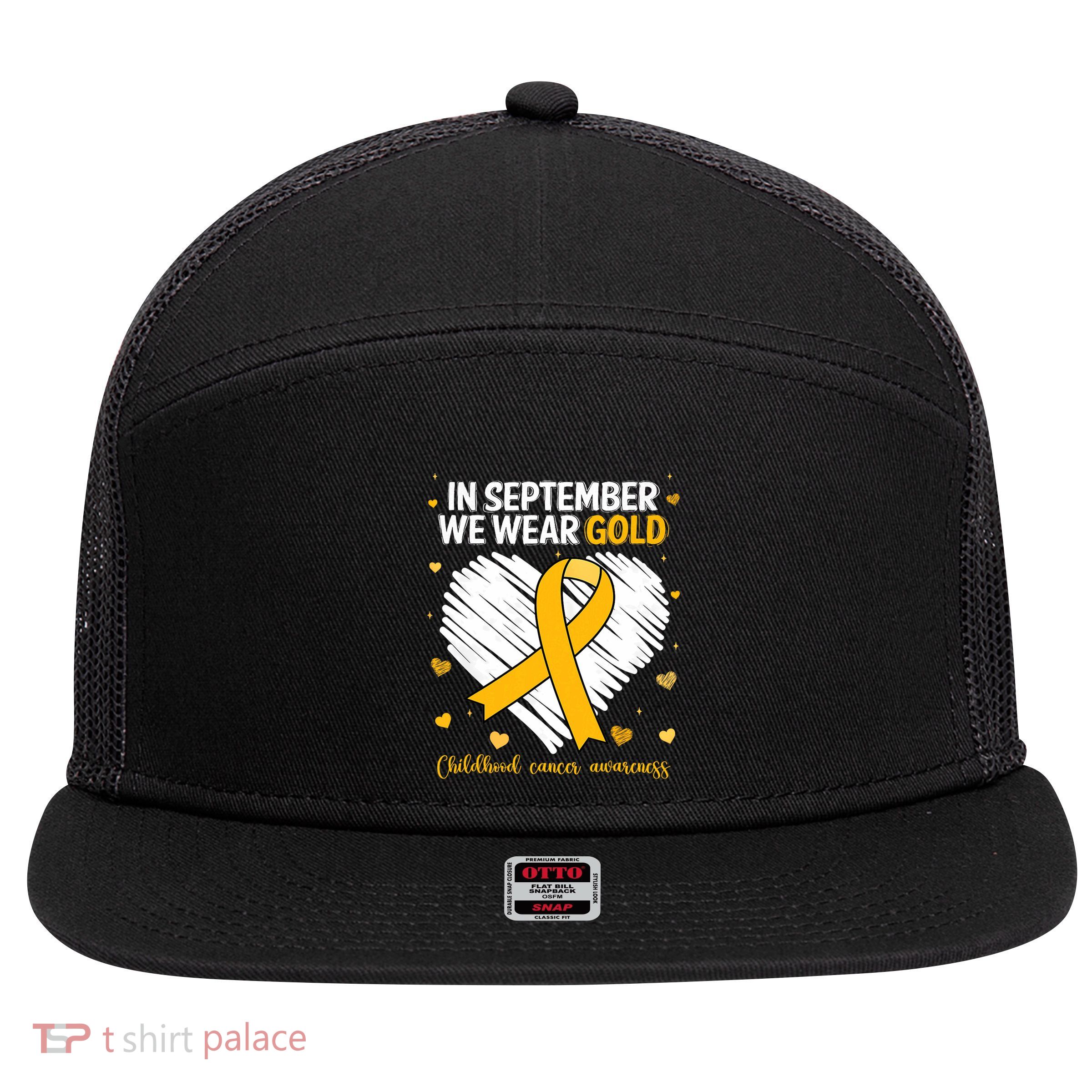 We Wear Gold Childhood Cancer Awareness Gold Ribbon Heart 7 Panel Mesh Trucker Snapback Hat
