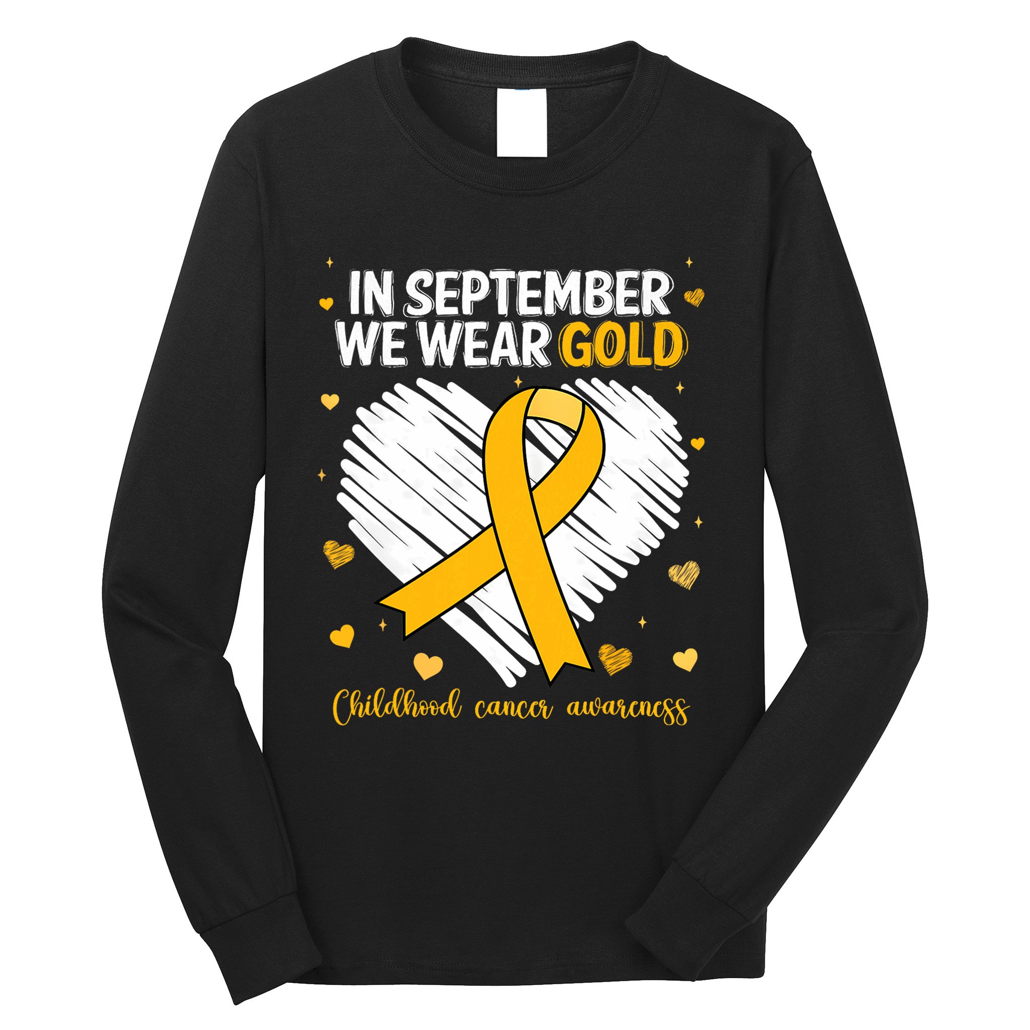 We Wear Gold Childhood Cancer Awareness Gold Ribbon Heart Long Sleeve Shirt