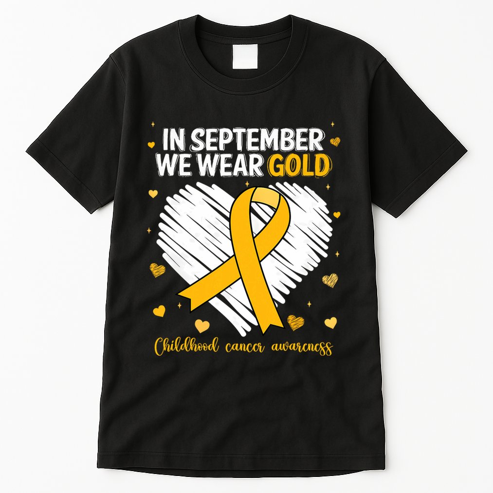 We Wear Gold Childhood Cancer Awareness Gold Ribbon Heart Tall T-Shirt