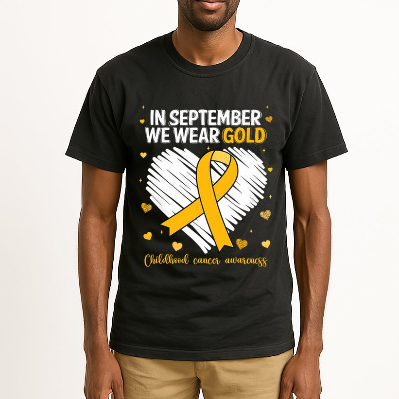 We Wear Gold Childhood Cancer Awareness Gold Ribbon Heart Tall T-Shirt