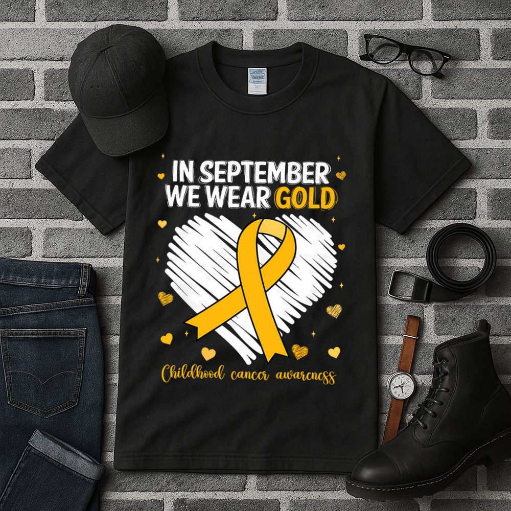 We Wear Gold Childhood Cancer Awareness Gold Ribbon Heart Tall T-Shirt