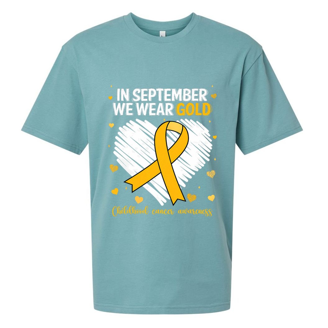 We Wear Gold Childhood Cancer Awareness Gold Ribbon Heart Sueded Cloud Jersey T-Shirt