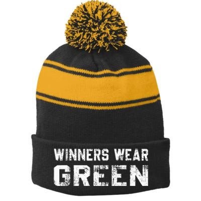 Winners Wear Green Team Spirit Game Competition Color War Stripe Pom Pom Beanie