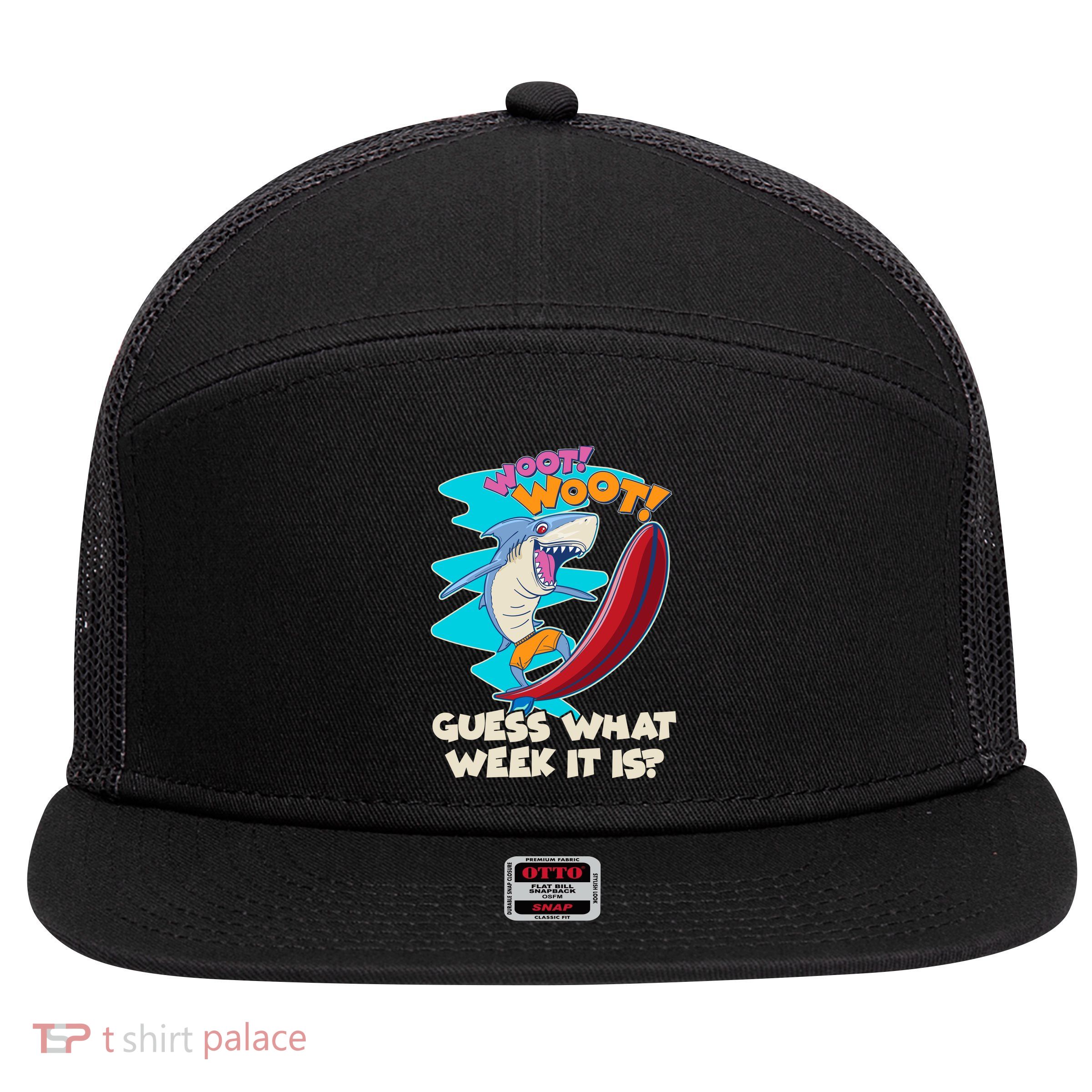 Woot Woot Guess What Week It Is Surfing Shark 7 Panel Mesh Trucker Snapback Hat