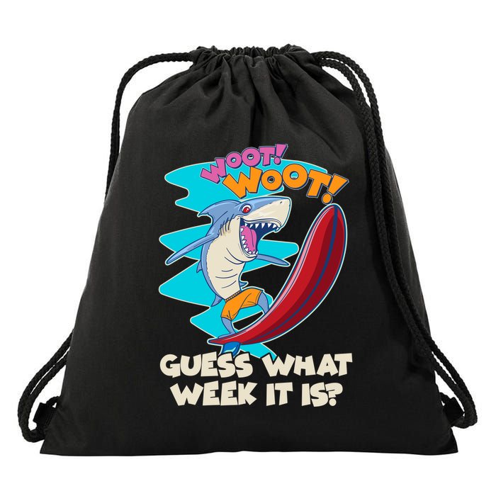 Woot Woot Guess What Week It Is Surfing Shark Drawstring Bag