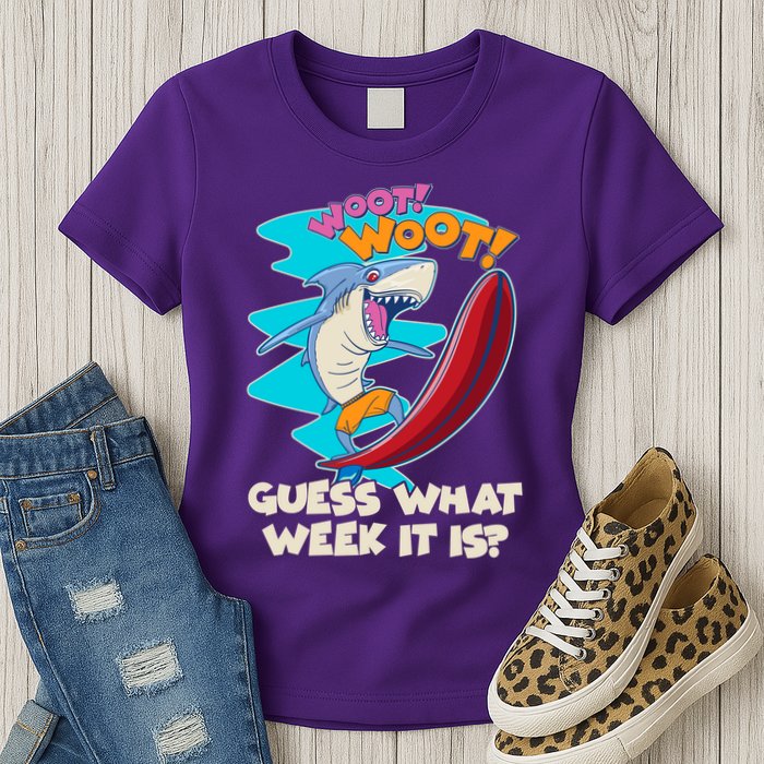 Woot Woot Guess What Week It Is Surfing Shark Womens T-Shirt