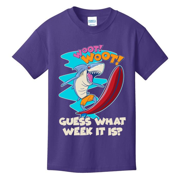 Woot Woot Guess What Week It Is Surfing Shark Kids T-Shirt