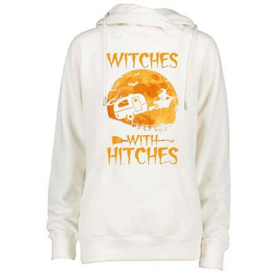 Witches With Hitches Trailer Funny Halloween Camping Womens Funnel Neck Pullover Hood