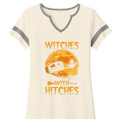 Witches With Hitches Trailer Funny Halloween Camping Ladies Halftime Notch Neck Tee