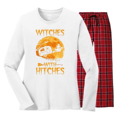 Witches With Hitches Trailer Funny Halloween Camping Women's Long Sleeve Flannel Pajama Set 