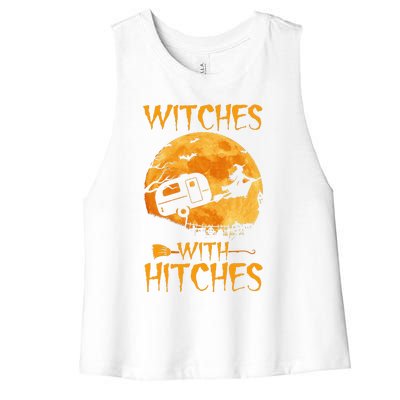 Witches With Hitches Trailer Funny Halloween Camping Women's Racerback Cropped Tank