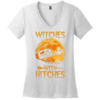 Witches With Hitches Trailer Funny Halloween Camping Women's V-Neck T-Shirt