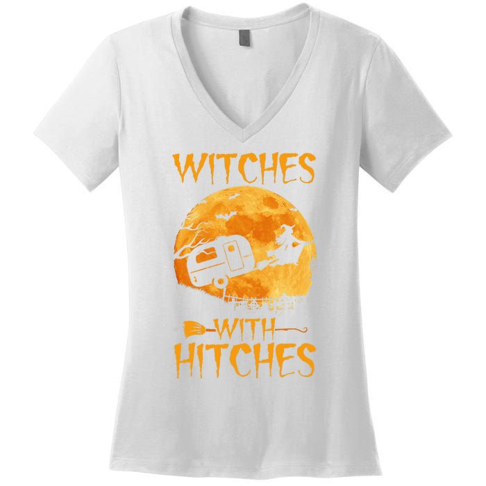 Witches With Hitches Trailer Funny Halloween Camping Women's V-Neck T-Shirt