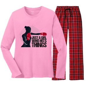 Womens Who Hits Things Best Gift For A Female Boxer Women's Long Sleeve Flannel Pajama Set 