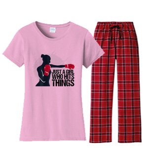 Womens Who Hits Things Best Gift For A Female Boxer Women's Flannel Pajama Set