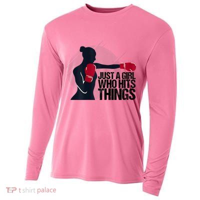 Womens Who Hits Things Best Gift For A Female Boxer Cooling Performance Long Sleeve Crew