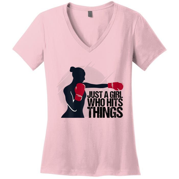 Womens Who Hits Things Best Gift For A Female Boxer Women's V-Neck T-Shirt