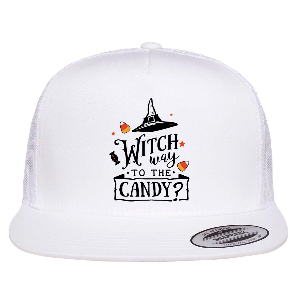 Witch Way Is The Candy Funny Halloween Flat Bill Trucker Hat