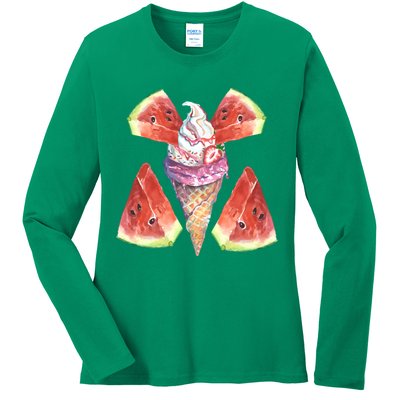 Watermelon With Ice Cream Art Ladies Long Sleeve Shirt