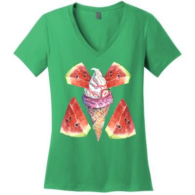 Watermelon With Ice Cream Art Women's V-Neck T-Shirt