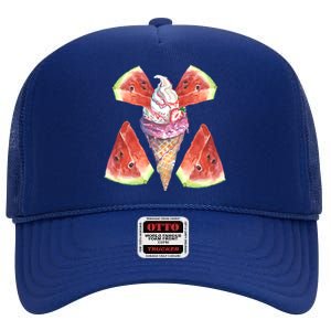 Watermelon With Ice Cream Art High Crown Mesh Back Trucker Hat