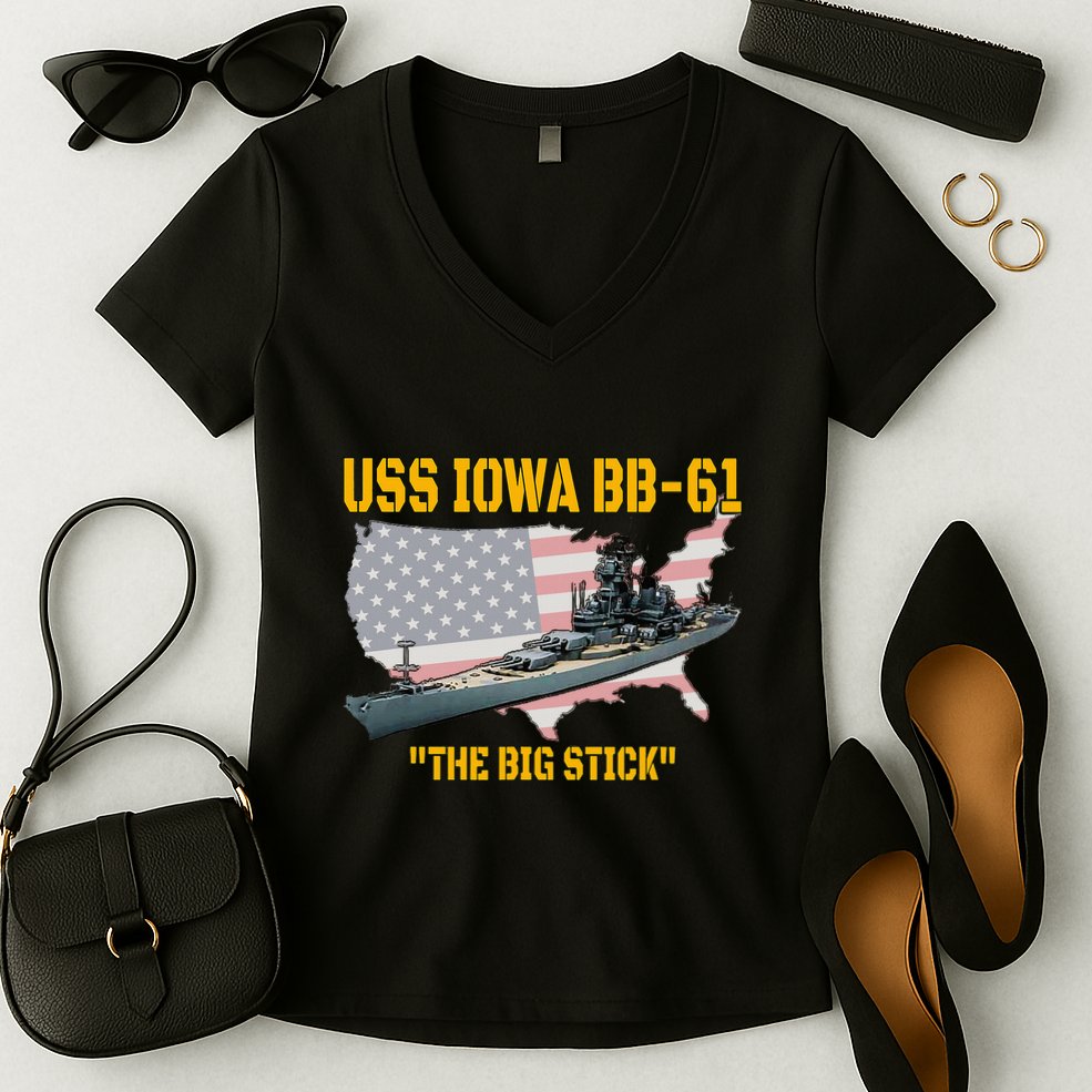 World War Ii Warship Uss Iowa & Ww2 Bb61 Battleship Veteran Women's V-Neck T-Shirt