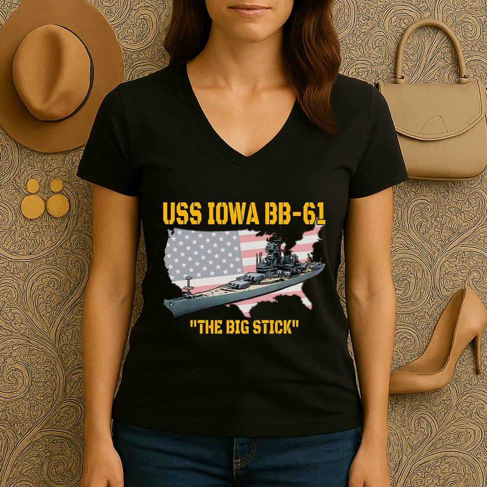 World War Ii Warship Uss Iowa & Ww2 Bb61 Battleship Veteran Women's V-Neck T-Shirt