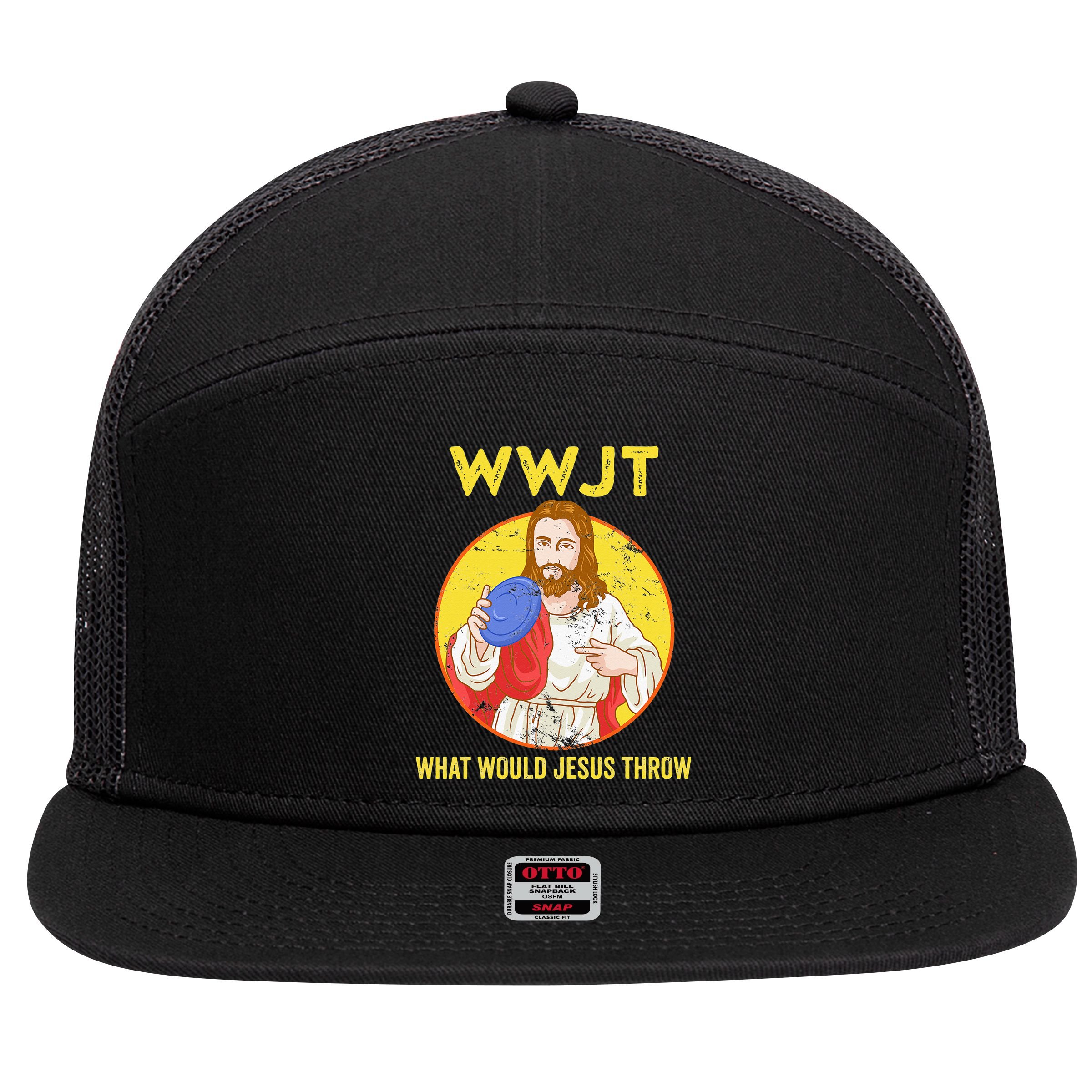 What Would Jesus Throw Frisbee Golf 7 Panel Mesh Trucker Snapback Hat