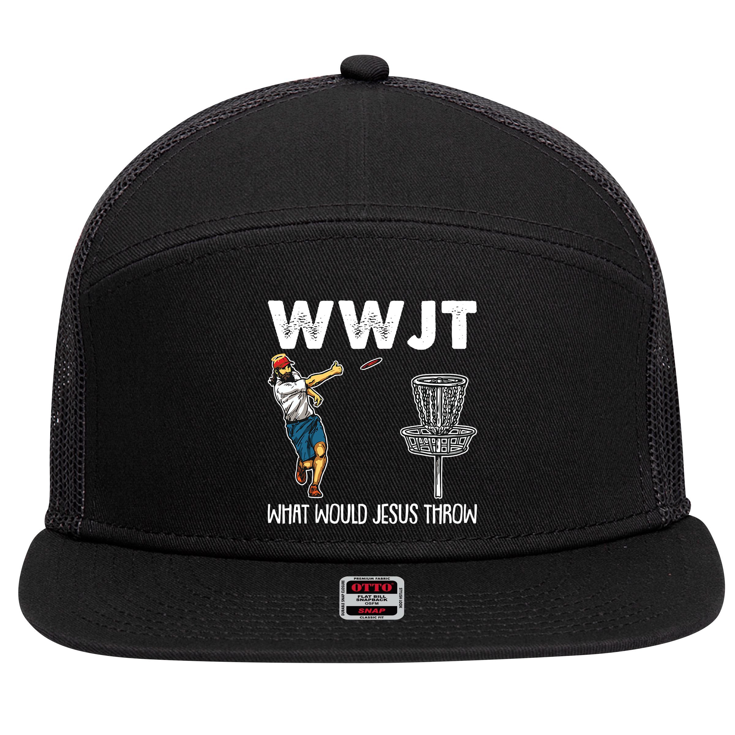 What Would Jesus Throw Christmas WWJT Disc Golf Funny 7 Panel Mesh Trucker Snapback Hat