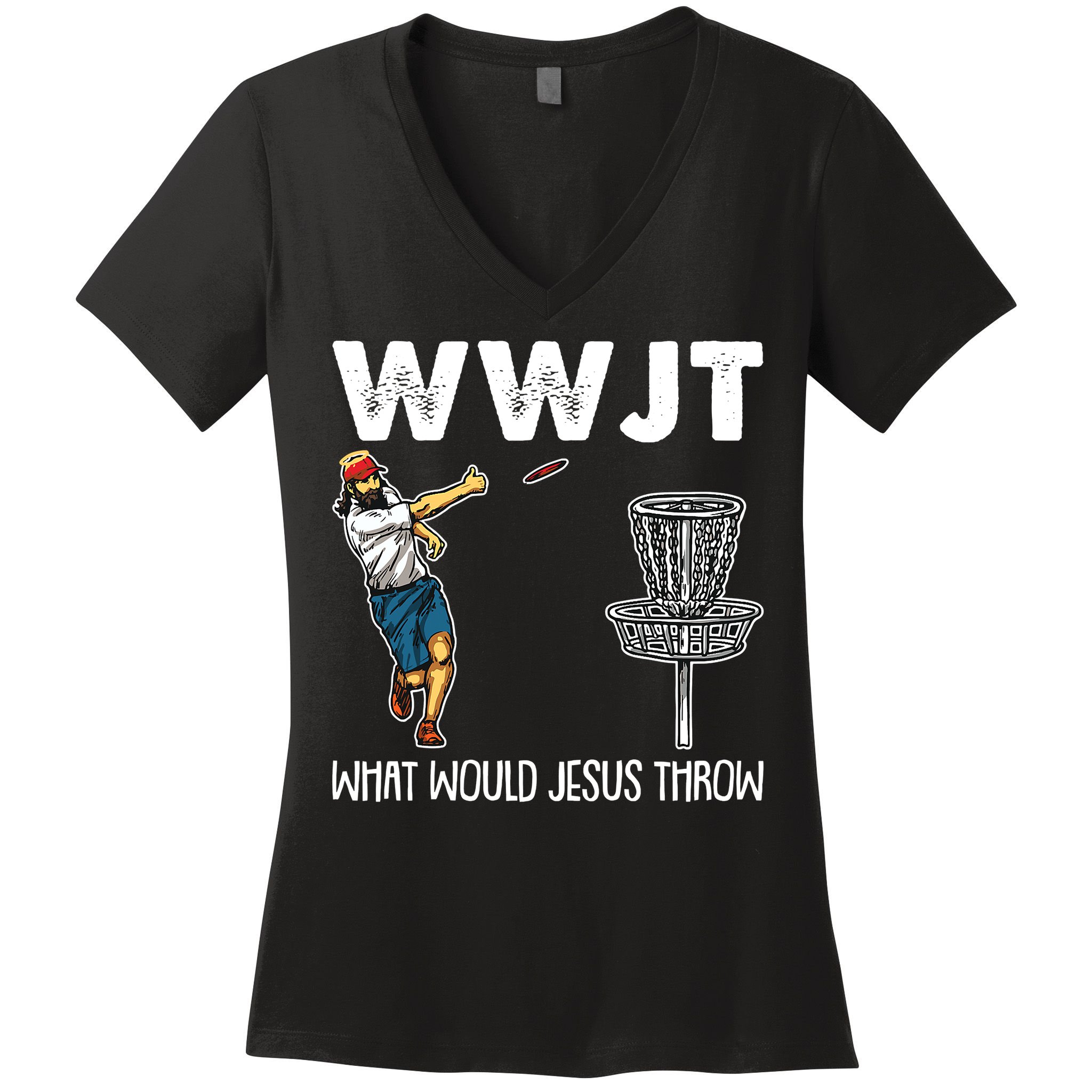 What Would Jesus Throw Christmas WWJT Disc Golf Funny Women's V-Neck T-Shirt