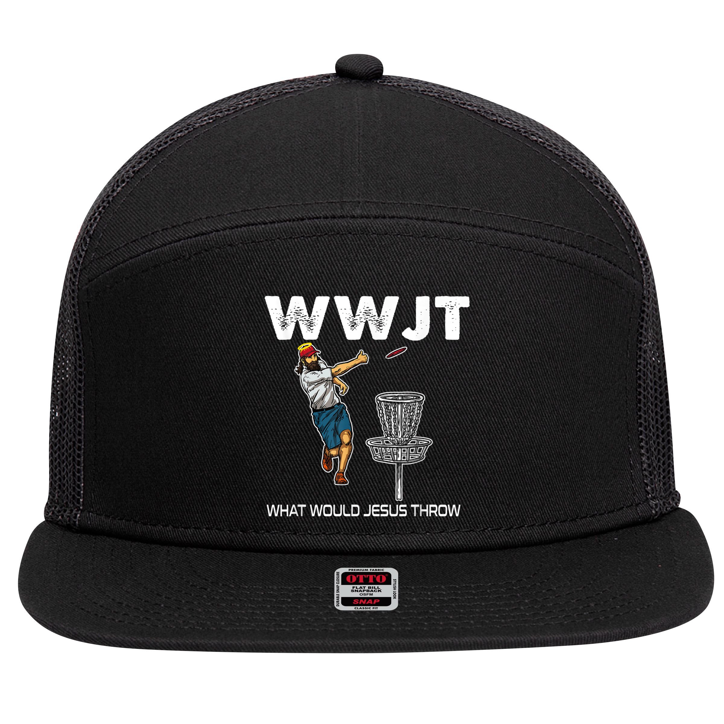 What Would Jesus Throw Golf Disc 7 Panel Mesh Trucker Snapback Hat