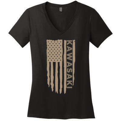 Wandering Wheels Kawasaki American Flag Women's V-Neck T-Shirt