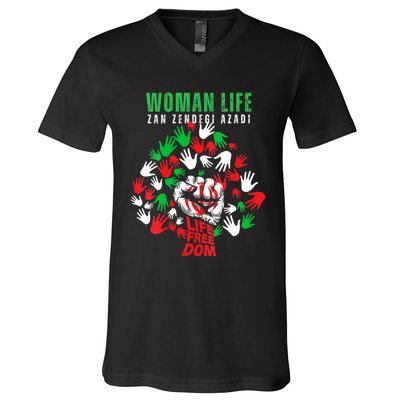 Womens Woman Life Freedom Iran Zan Zendegi Azadi Persian V-Neck T-Shirt