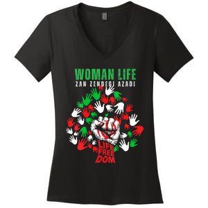 Womens Woman Life Freedom Iran Zan Zendegi Azadi Persian Women's V-Neck T-Shirt