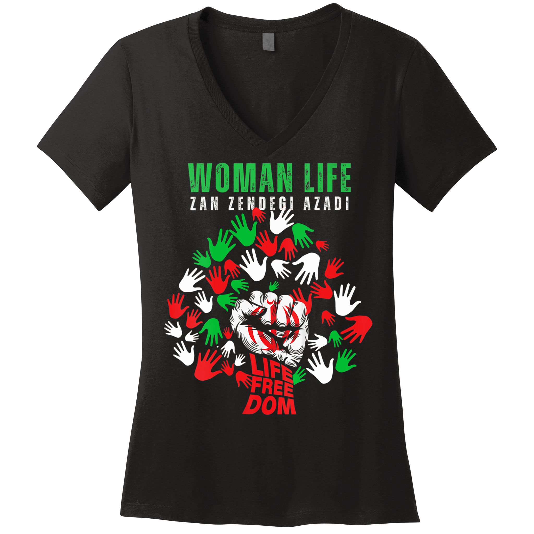Womens Woman Life Freedom Iran Zan Zendegi Azadi Persian Women's V-Neck T-Shirt