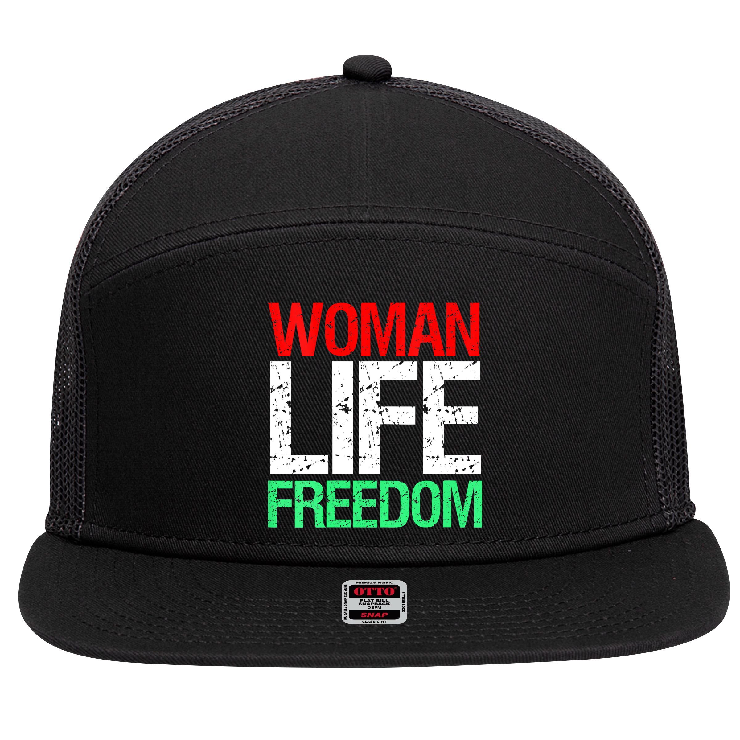 Wo WOMAN LIFE FREEDOM IRAN Iranian Patriotic Slogan Vintage 7 Panel Mesh Trucker Snapback Hat