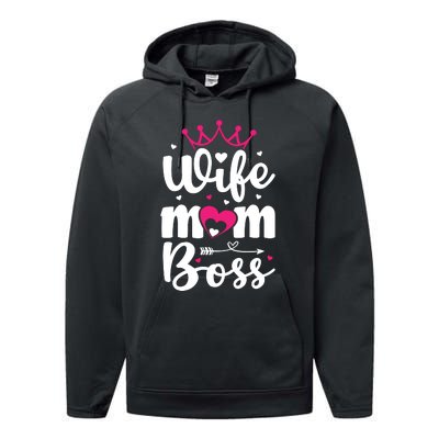 Women Wife Mom Boss Graphic Funny Cute Mother's Day T Performance Fleece Hoodie