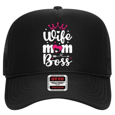 Women Wife Mom Boss Graphic Funny Cute Mother's Day T High Crown Mesh Back Trucker Hat