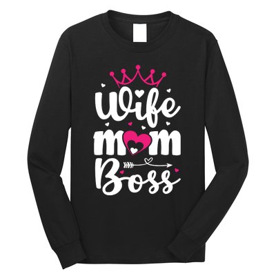 Women Wife Mom Boss Graphic Funny Cute Mother's Day T Long Sleeve Shirt