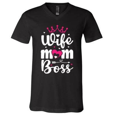 Women Wife Mom Boss Graphic Funny Cute Mother's Day T V-Neck T-Shirt